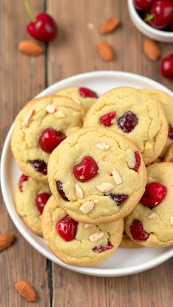 A plate of chewy Cherry Almond Cookies with cherries and almonds on a rustic wooden table.